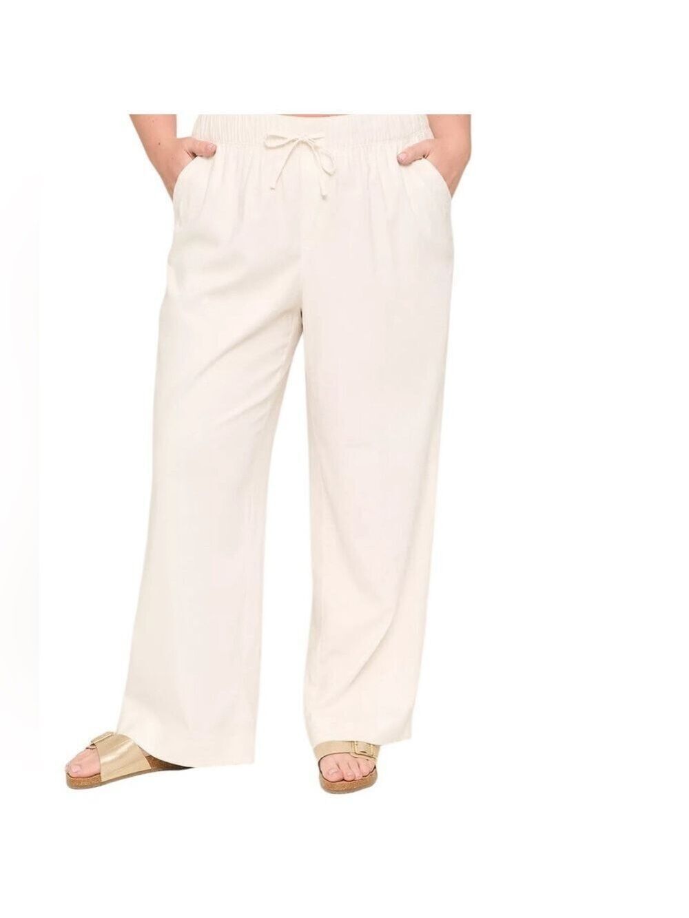 LANE Bryant Wide Leg White Linen Pants Drawstring Elastic Waist Four Pockets 18